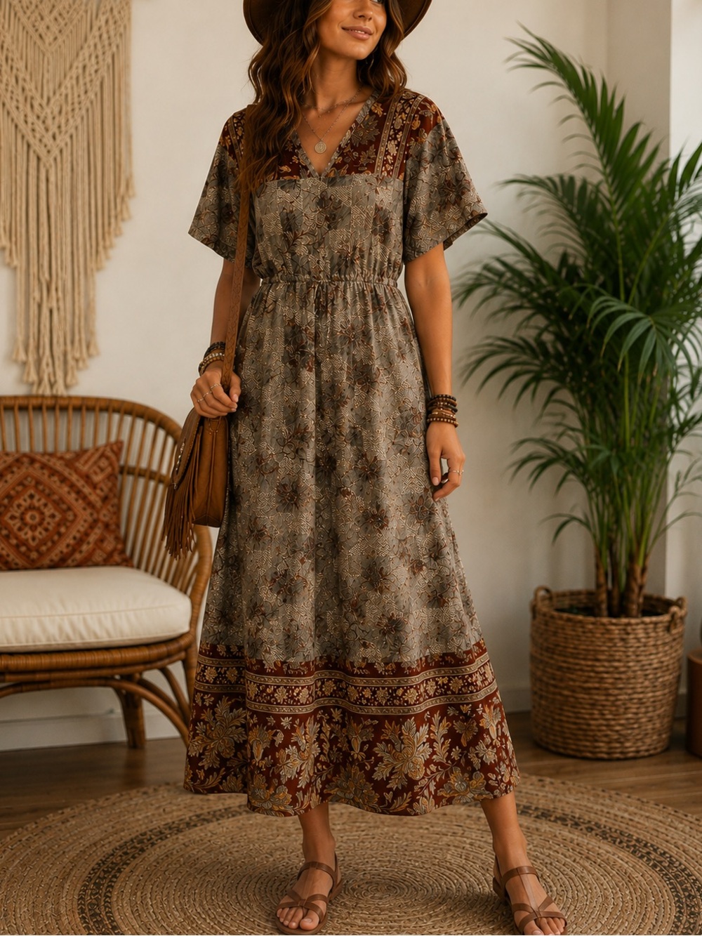 Tiny Anthropologie Orsina Maxi Dress Women's S Bronze Floral Rayon Flowy